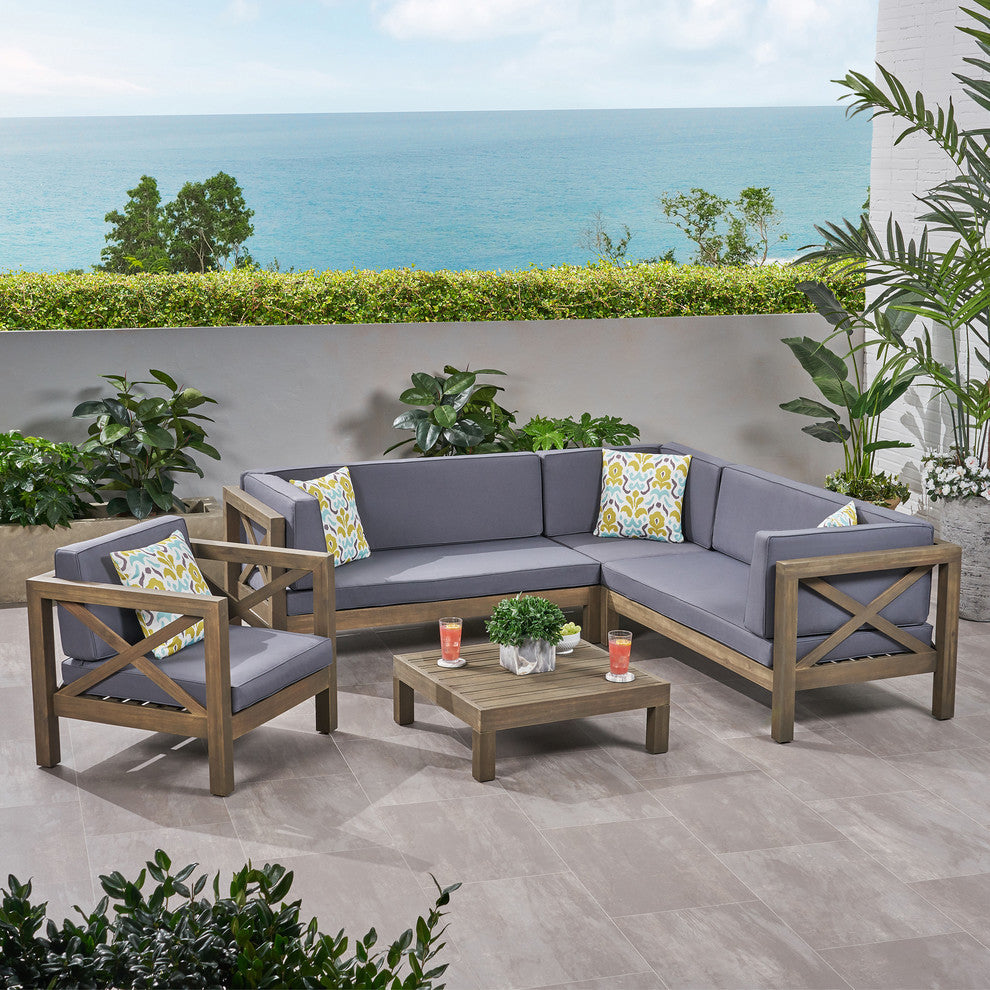 Morgan Outdoor 6 Seater Acacia Wood Sectional Sofa and Club Chair Set, Dark Gray