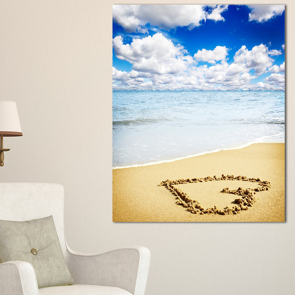 "Massive Heart Drawn On Serene Beach" Seashore Canvas Wall Art, 16"x32"