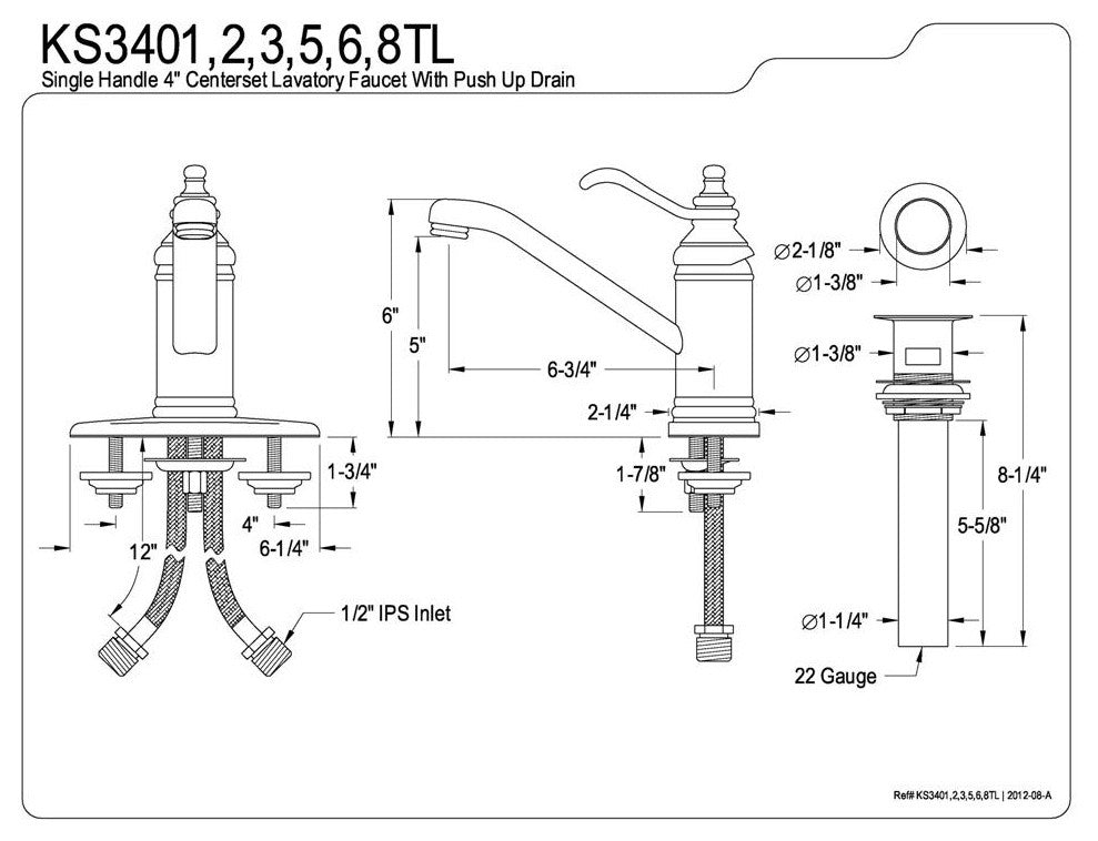 Single Handle 4" Lavatory Faucet with Push-Up & Optional Deck Plate KS3401TL