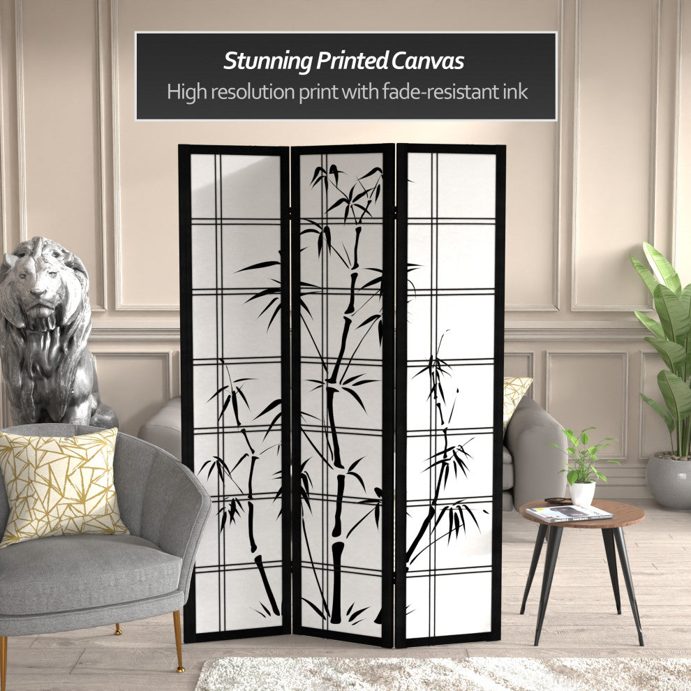 6' Tall Canvas Bamboo Tree Room Divider, Black, 3 Panels