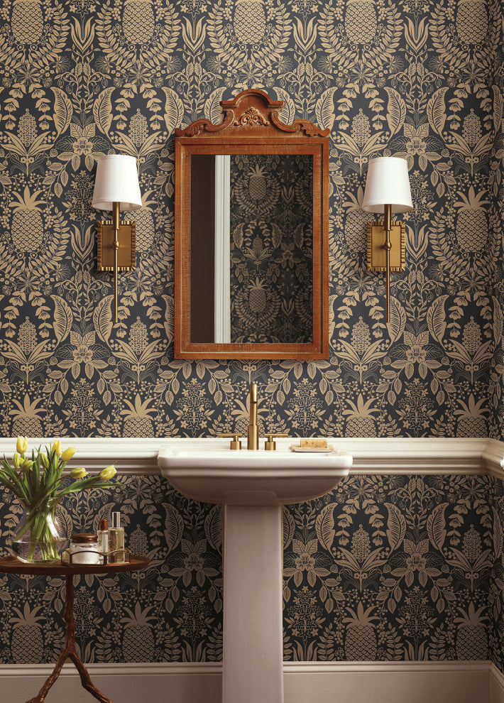 Pineapple Damask Black Wallpaper