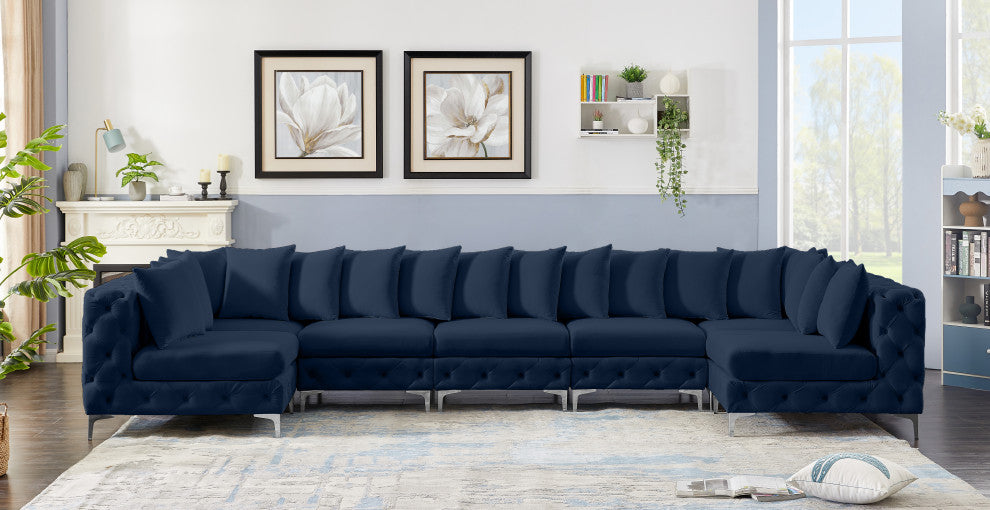 Tremblay Velvet Upholstered 7-Piece Modular U-Shaped Sectional, Navy