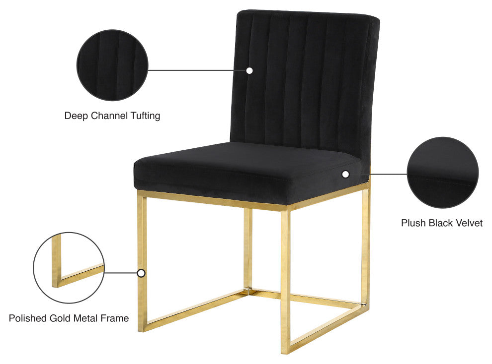 Giselle Velvet Dining Chairs, Set of 2, Black, Gold Base