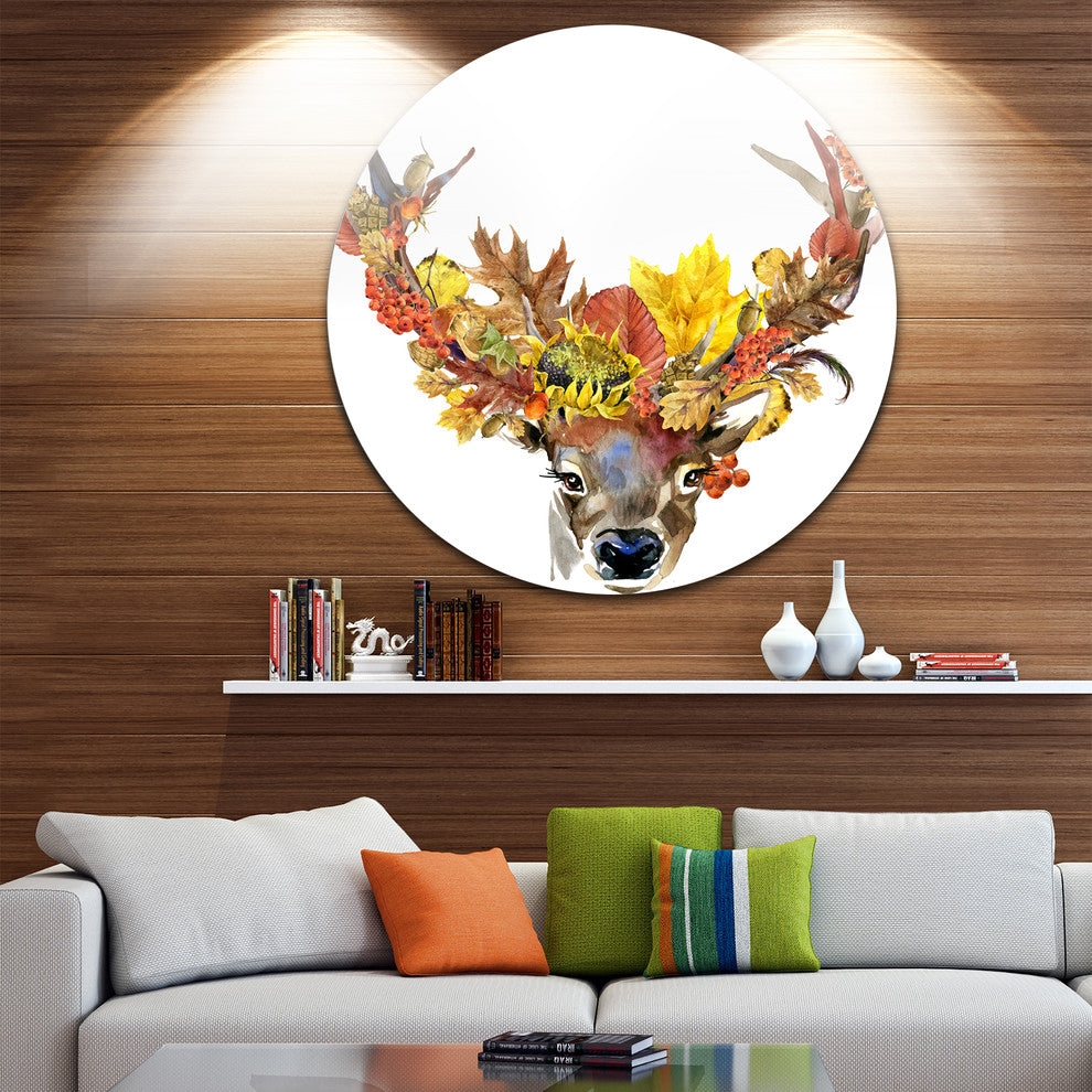 Roe Deer With Flowers, Digital Art Floral Round Wall Art, 11"