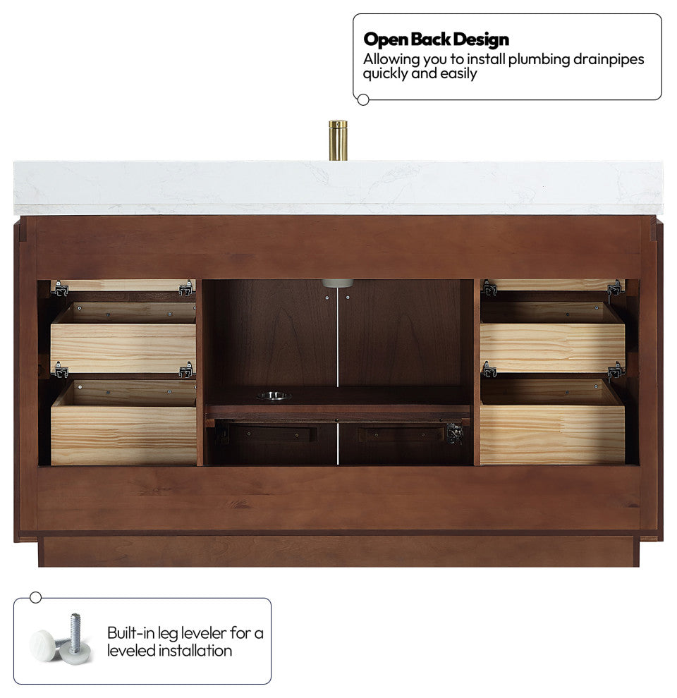 San Bath Vanity with Stone Top, Natural Walnut, 60" Single Sink, Single Vanity, No Mirror