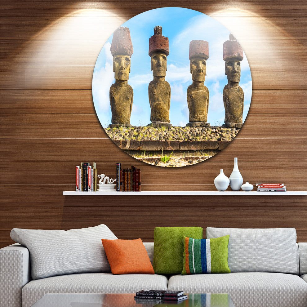 Moai With Red Topknot Hat, Portrait Photo Round Wall Art, 11"