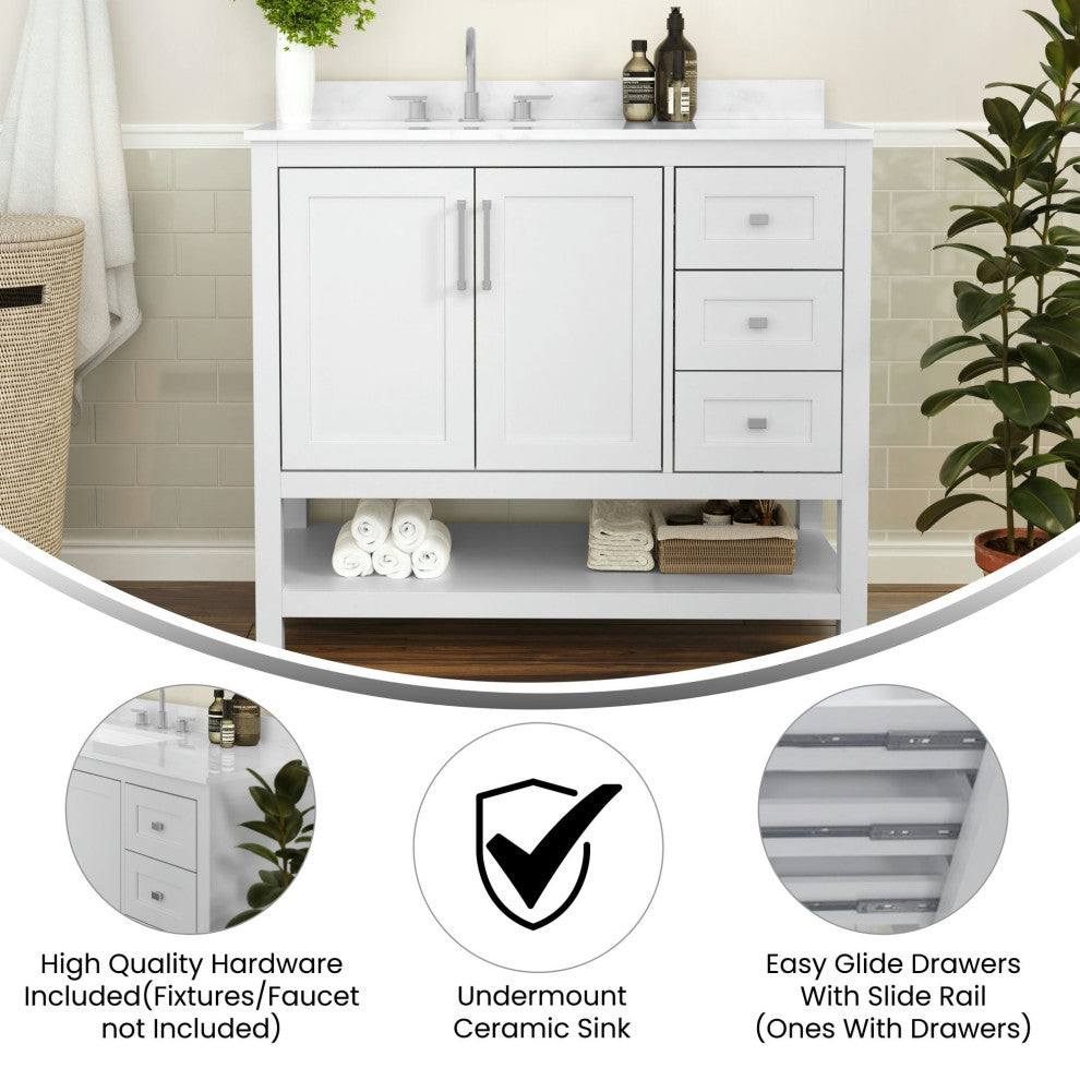 Vega Bath Vanity-Sink, Soft Close Doors, 3 Drawers, Carrara Marble Finish Top, White, 42 Inch