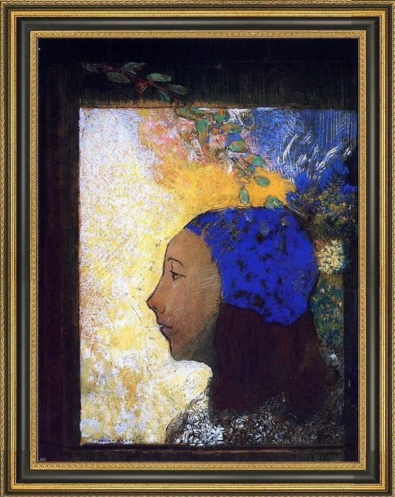 Odilon Redon Young Girl in a Blue Bonnet - 21" x 28" Framed Premium Canvas Print