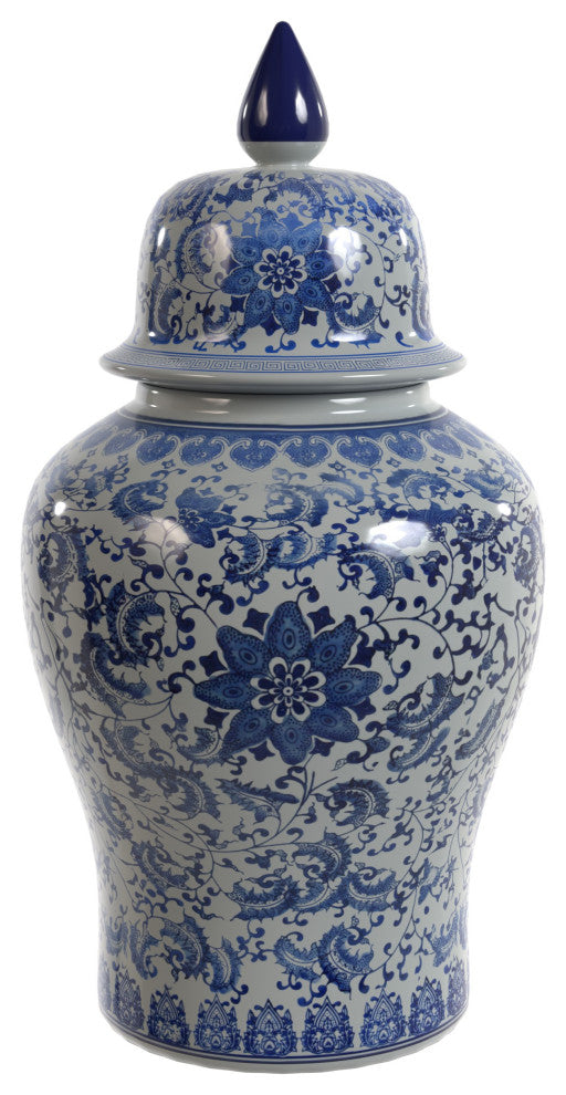 18" Floral Blue and White Porcelain Temple Jar