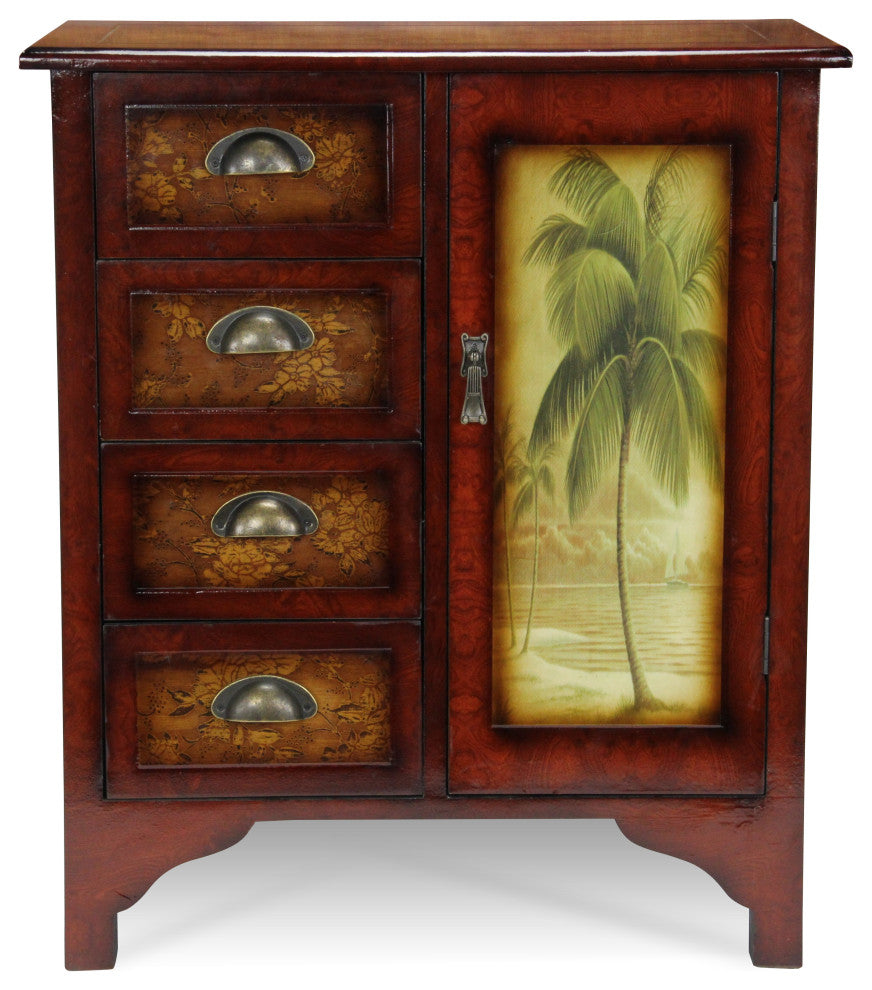 Wooden Cabinet With 4-Drawers, 1-Door, Burlwood Veneer