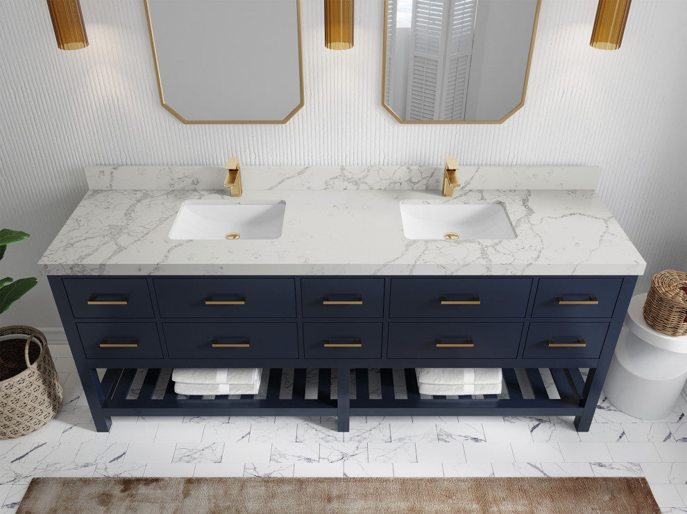Parker 84" Double Sink Bath Vanity, Navy Blue 2" Venatino Quartz