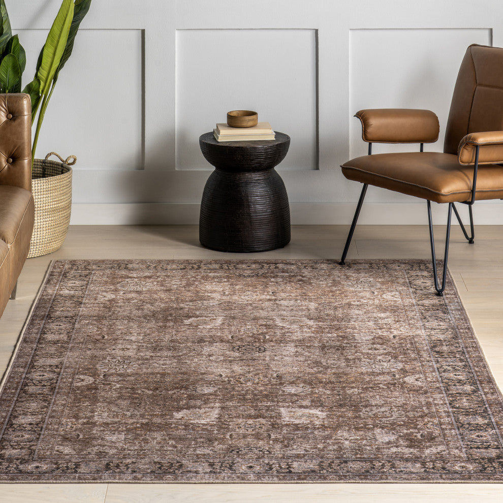 Bayberry Spill Proof Vintage Machine Washable Area Rug, Brown 3'x5'