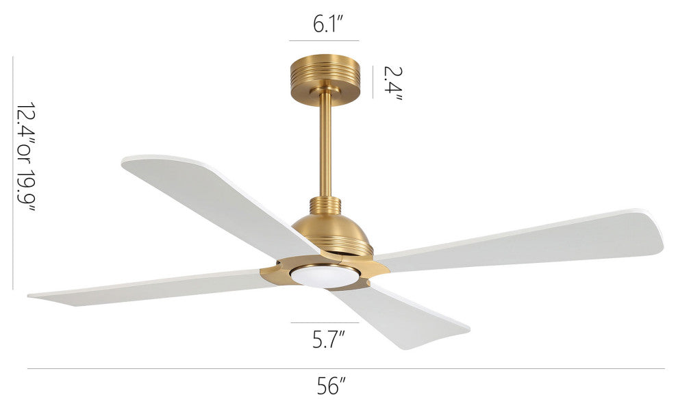 56" 4-Blade Solid Wood Ceiling Fan With LED Light and Remote Control, Gold/White