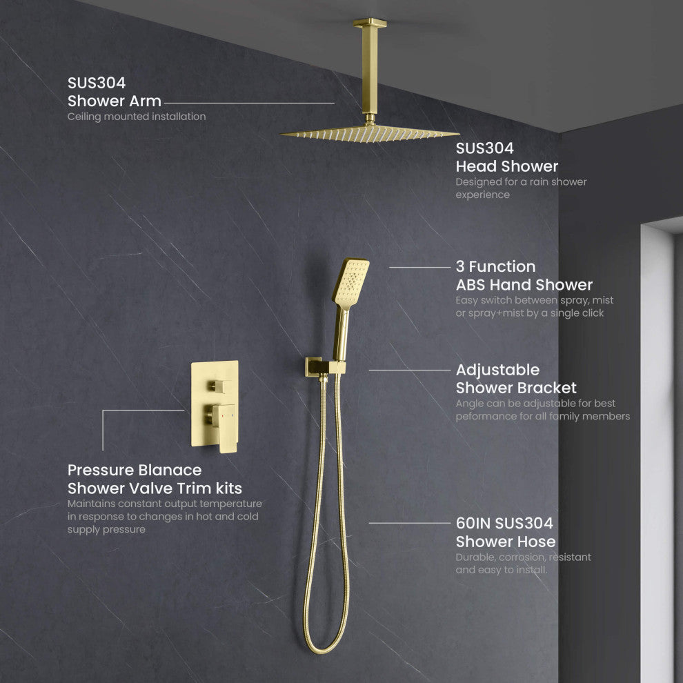 Ceiling Mounted 2-Function Shower System, Rough, Valve, Brushed Gold