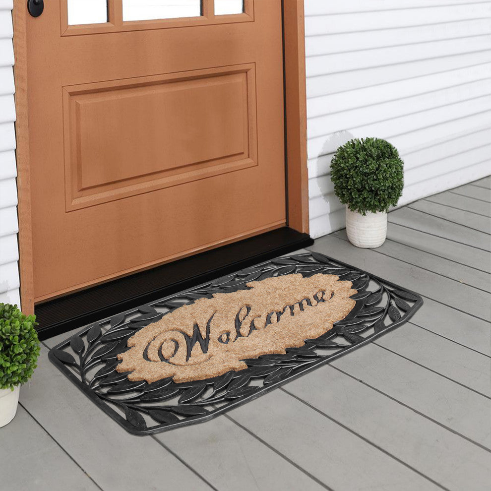 A1HC Welcome Stylish Leaf Border Rubber and Coir Outdoor Doormat, 23"x38", Black