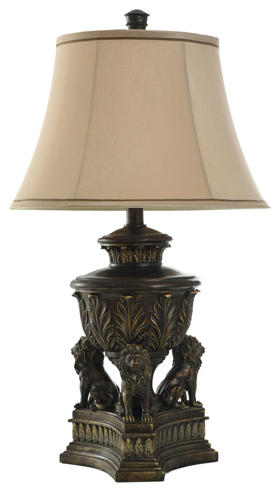 Persian Style Lions Den Table Lamp in Majestic Gold and Round Bell Shade