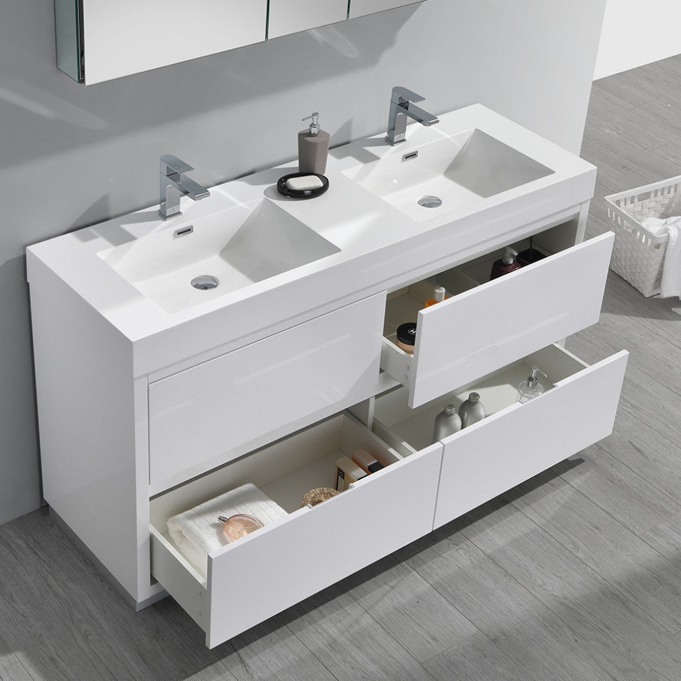 Valencia 60" Glossy White Free Standing Double Sink Vanity, Faucet FFT3071BN