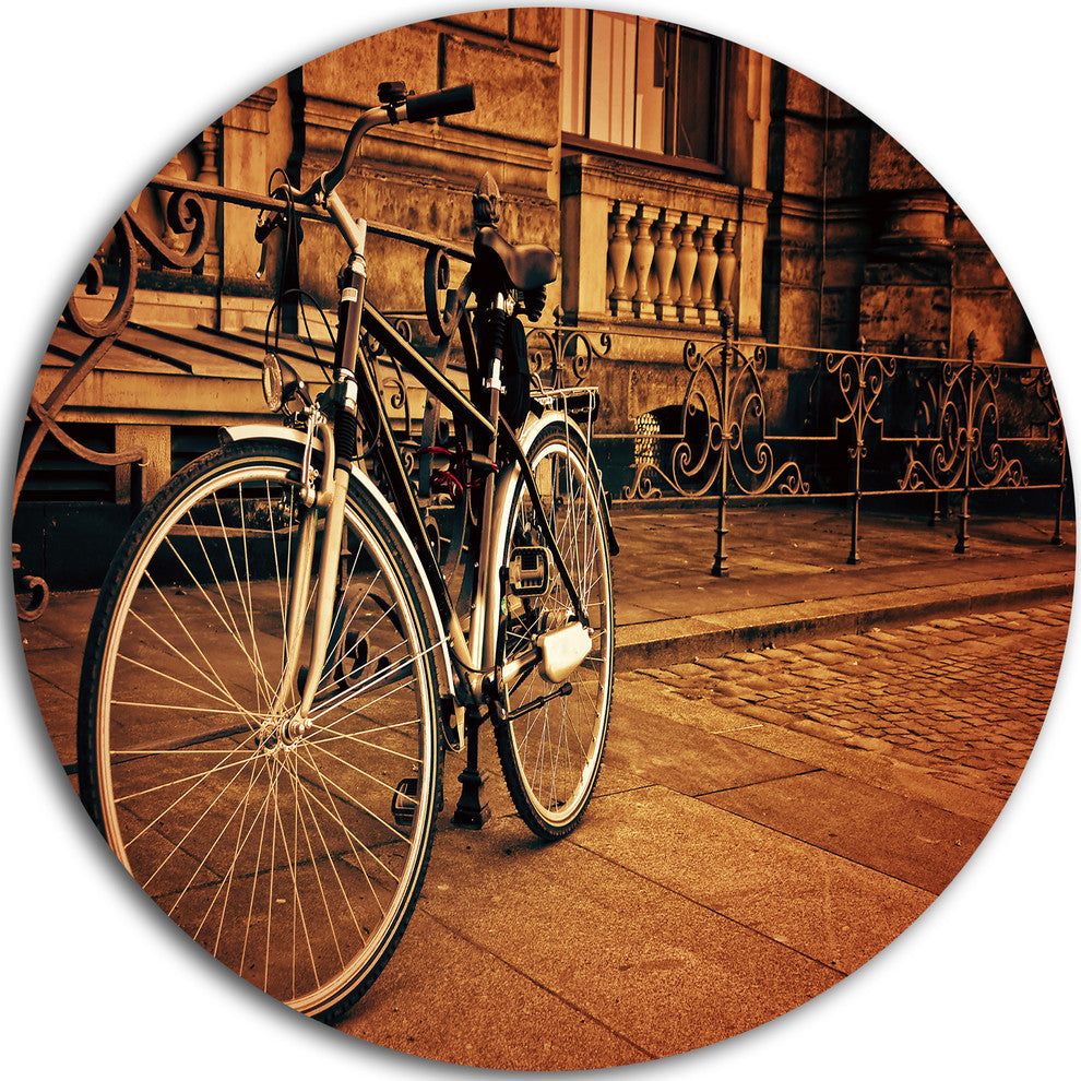 Retro Bicycle Against Stone Wall, Landscape Round Metal Wall Art, 23"