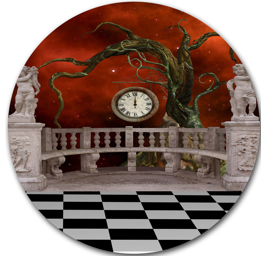 Balcony With Clock And Tree Angels, Art Disc Metal Wall Art, 23"