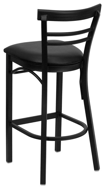 Black Ladder Back Metal Restaurant Barstool, Black Vinyl Seat