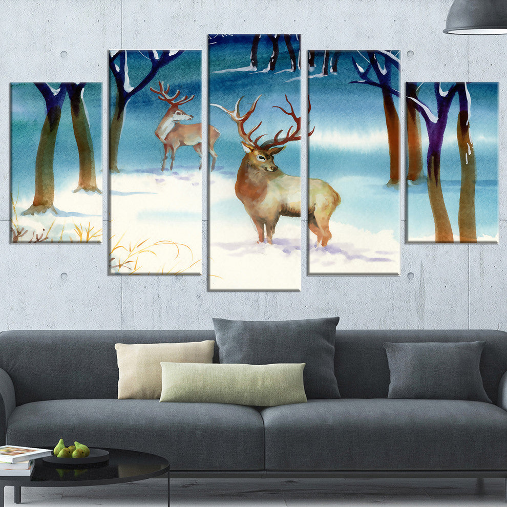 "Amazing Winter Forest With Deer" Landscape Wall Art, 5 Panels, 60"x32"