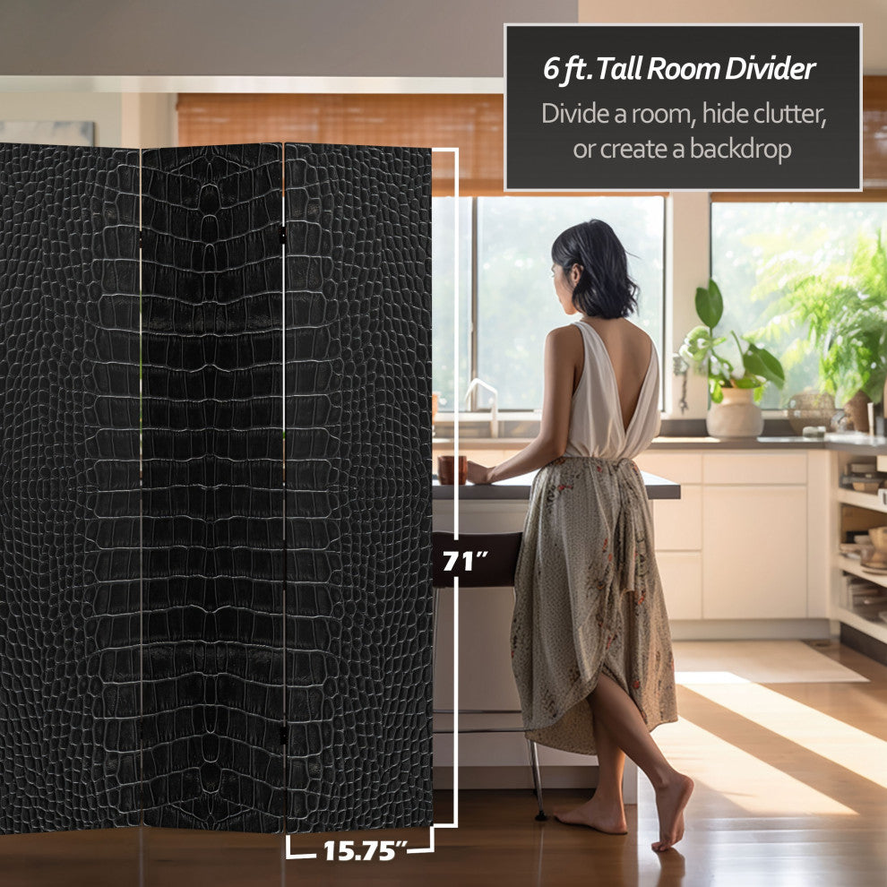 6' Tall Double Sided Black Crocodile Print Canvas Room Divider