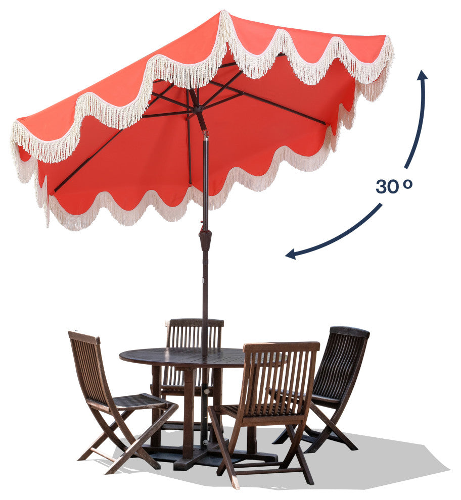 9ft Tassel Patio Umbrella Auto-Tilt, Crank, Red, 107L x 107W x 99H