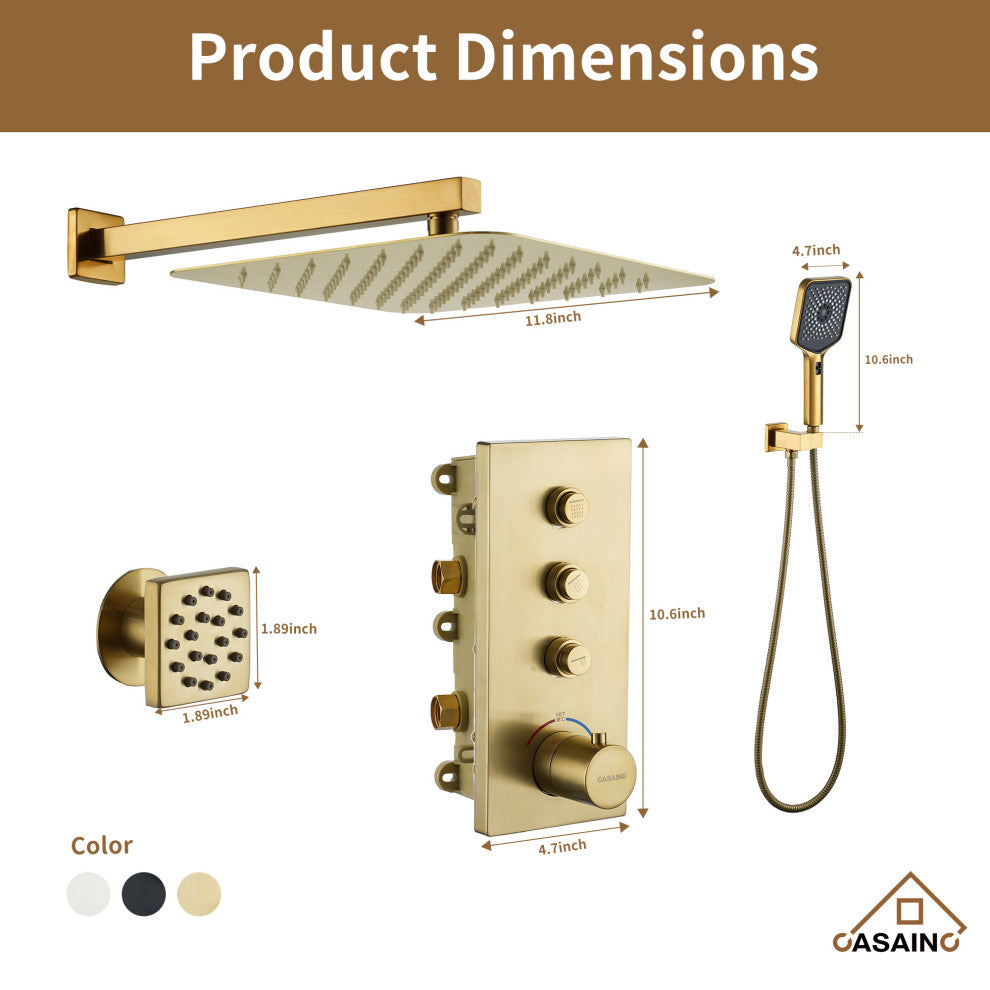 3 Functions 12 Inch Wall Mount Thermostatic Shower System, Brushed Gold