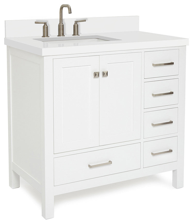 ARIEL Cambridge 37" Left Offset Rectangle Sink White Bathroom Vanity Quartz Top