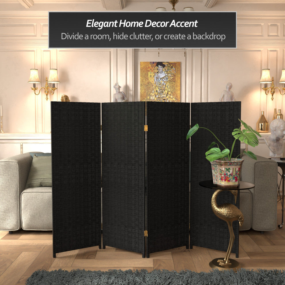 4' Tall Woven Fiber Room Divider, Black, 4 Panel