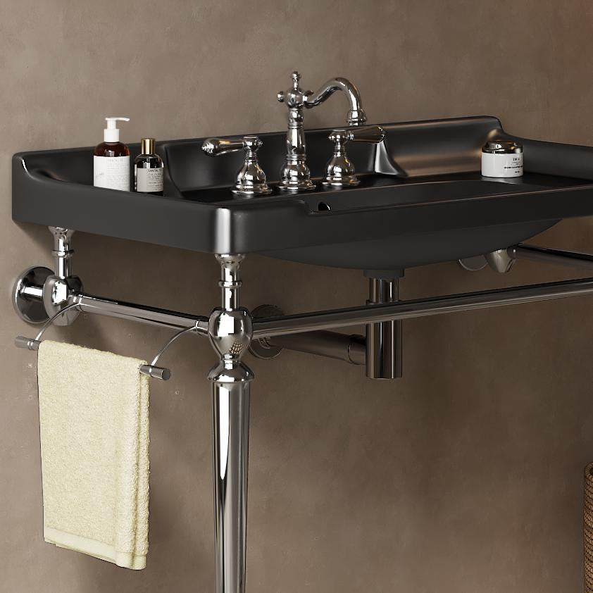 Wall-Mounted Black Ceramic Vanity Basin with Stainless Steel Support Legs, Chrome