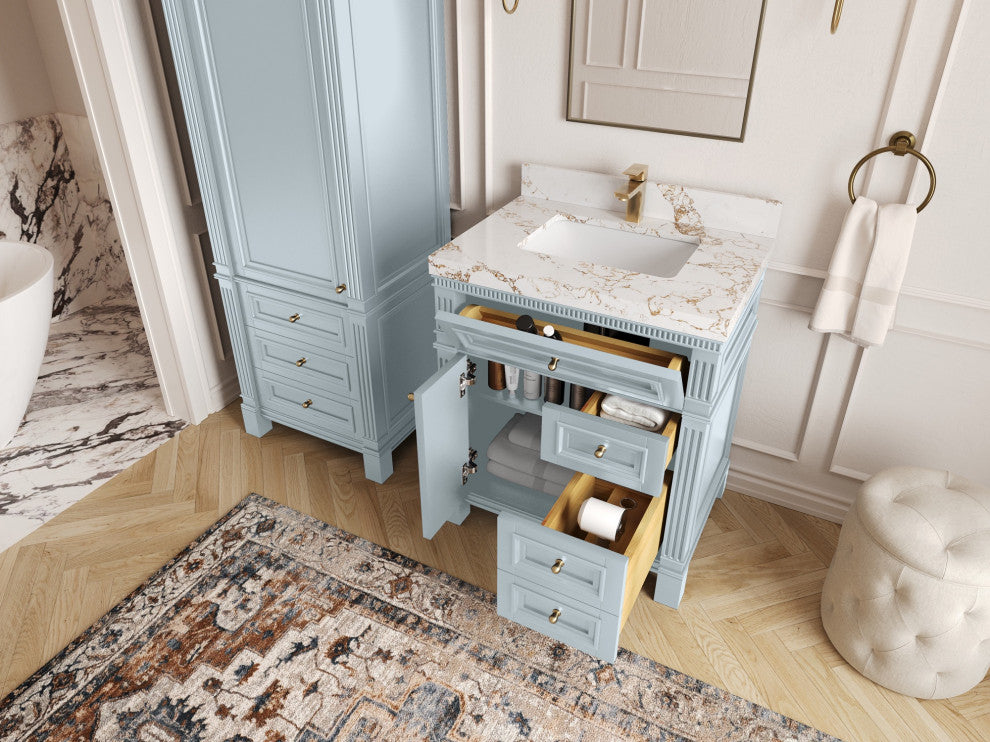 Paris 30" Single Sink Bathroom Vanity, Blue Heather 2" Empira Quartz