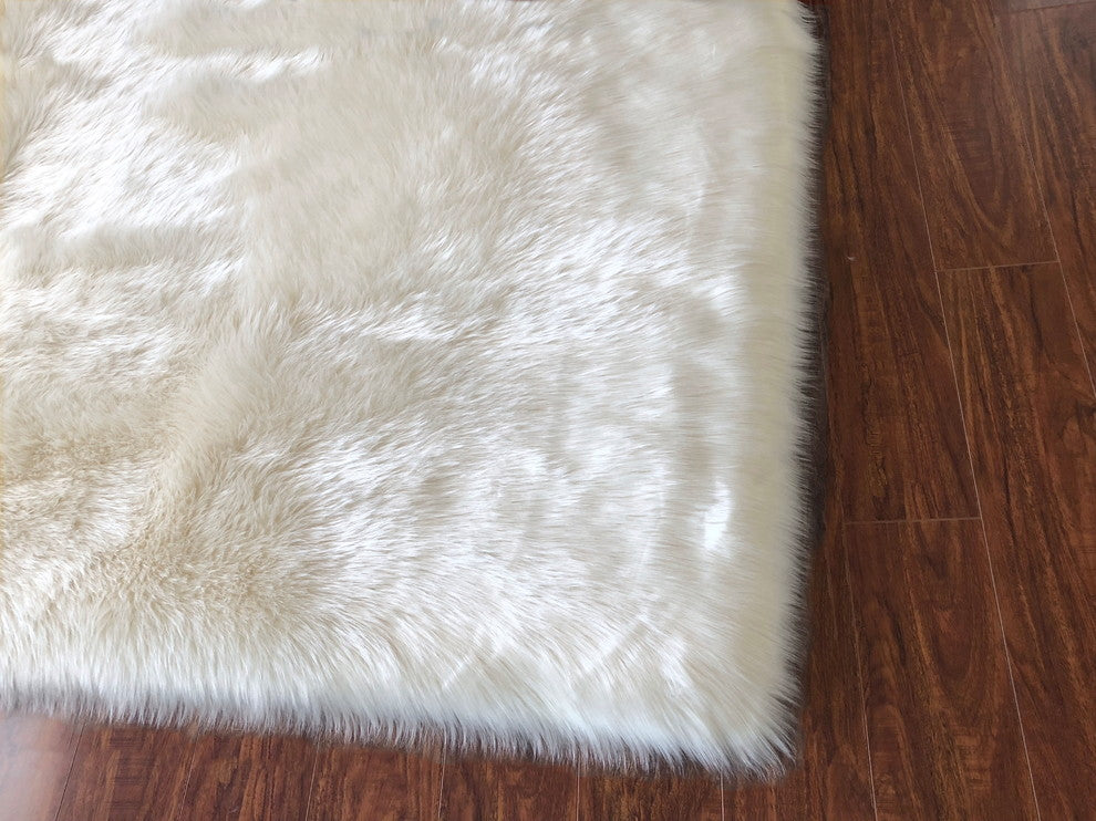 Super Soft Faux Sheepskin Silky Shag Rug, White, 6' Square