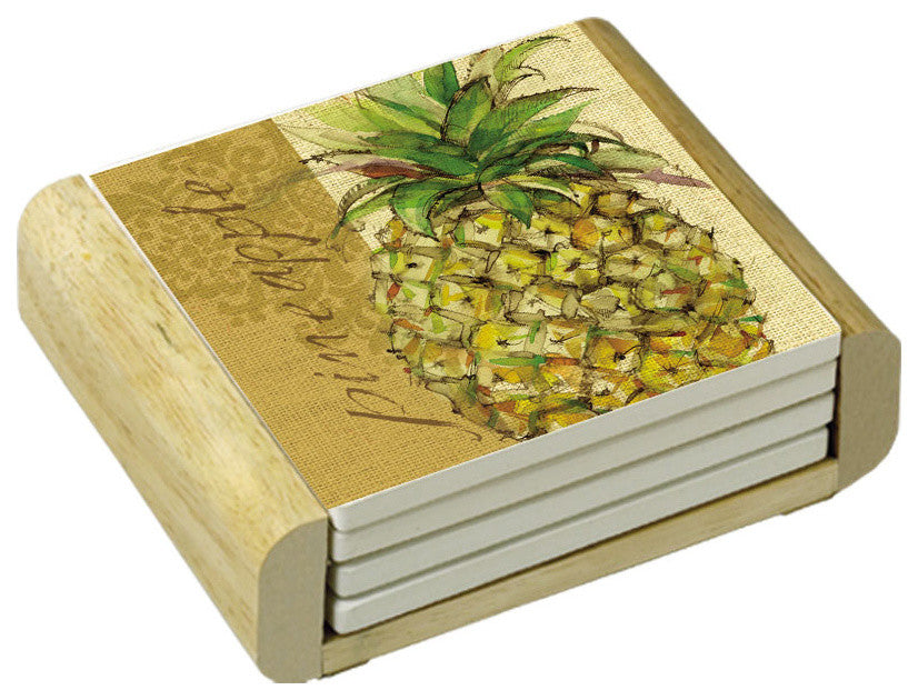 Stone Coasters Wood Holder Tropical Pineapple Set of 4