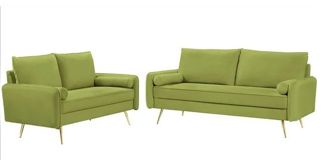 Modern Velvet Living Room Set: Sofa and Loveseat with Sleek Golden Legs, Olive Green