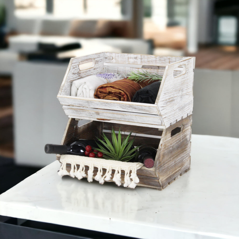 Wood Slat Stackable Storage With Side Handles, Gray Wash