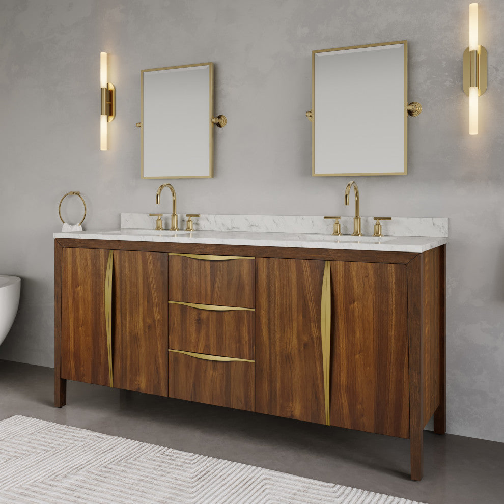 Ferrero Marble Top Bath Vanity, Nori Juglans, 72, Double Sink, Satin Gold Faucet