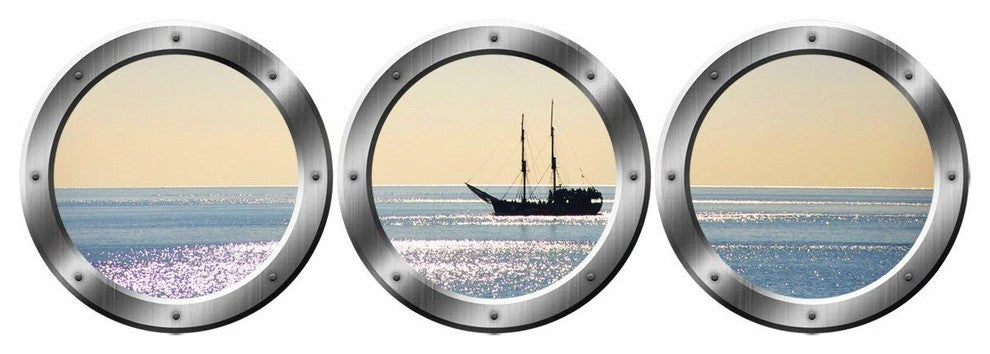 VWAQ Boat Window Decals - Portholes Decor, Ocean View Wall Mural, Silver, 14"