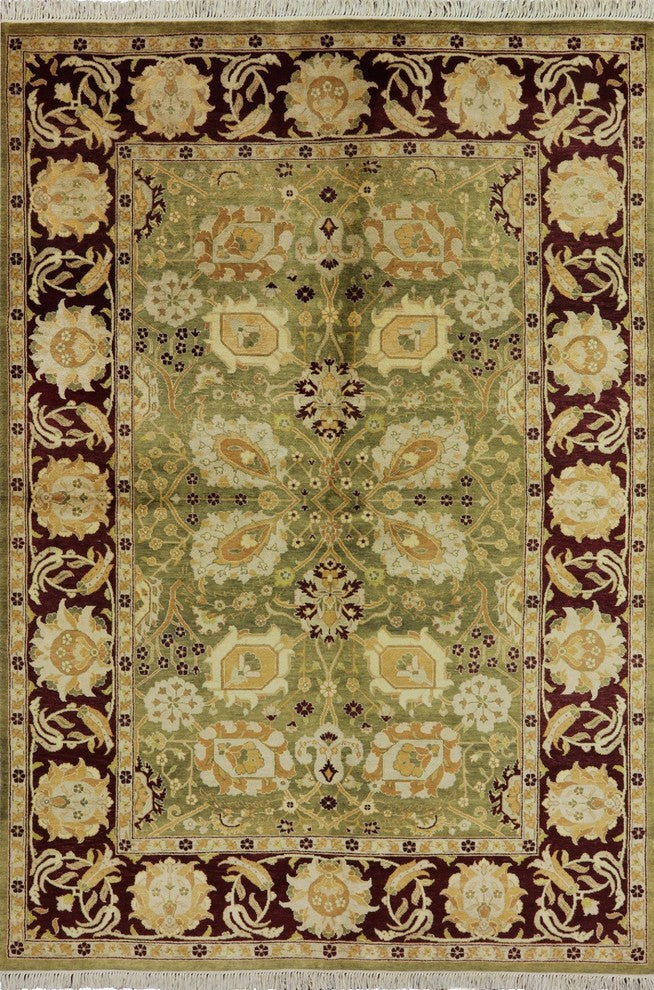 Hand-Knotted Green Oushak Style Oriental Chobi Peshawar Wool Rug, 6'x9'