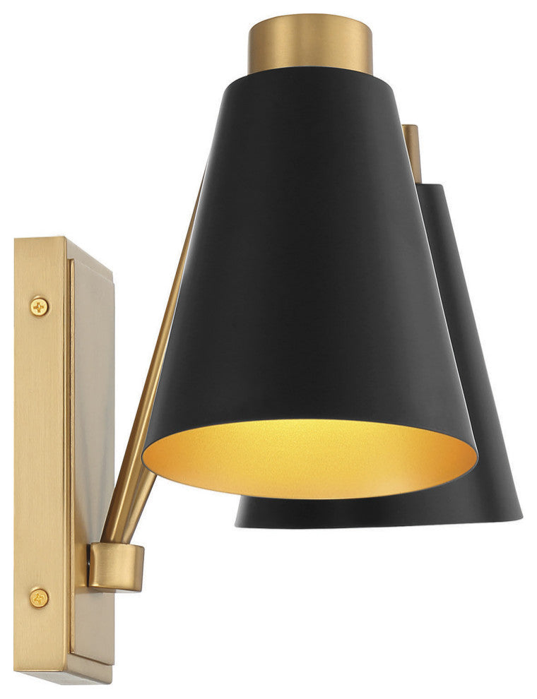 2-Light Wall Sconce, Matte Black With Natural Brass