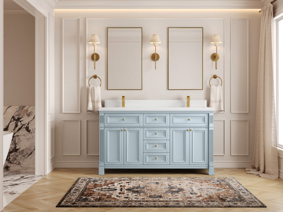 Paris 60" Double Sink Bathroom Vanity, Blue Heather 1.5" White Quartz