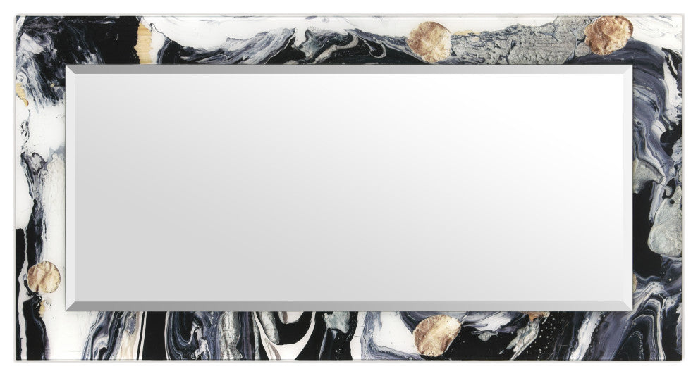"Ebony and Ivory" Beveled Mirror on Printed Abstarct Tempered Art Glass, 54x28"