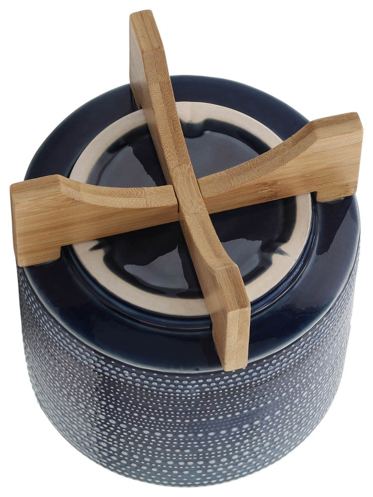 8" Dotted Planter With Wood Stand, Blue