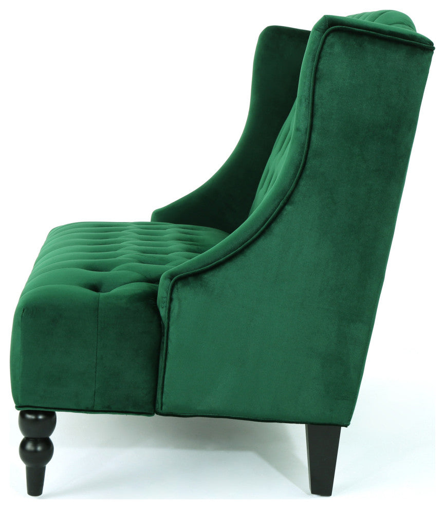 GDF Studio Leah Traditional Tufted High Winged Back New Velvet Loveseat, Emerald
