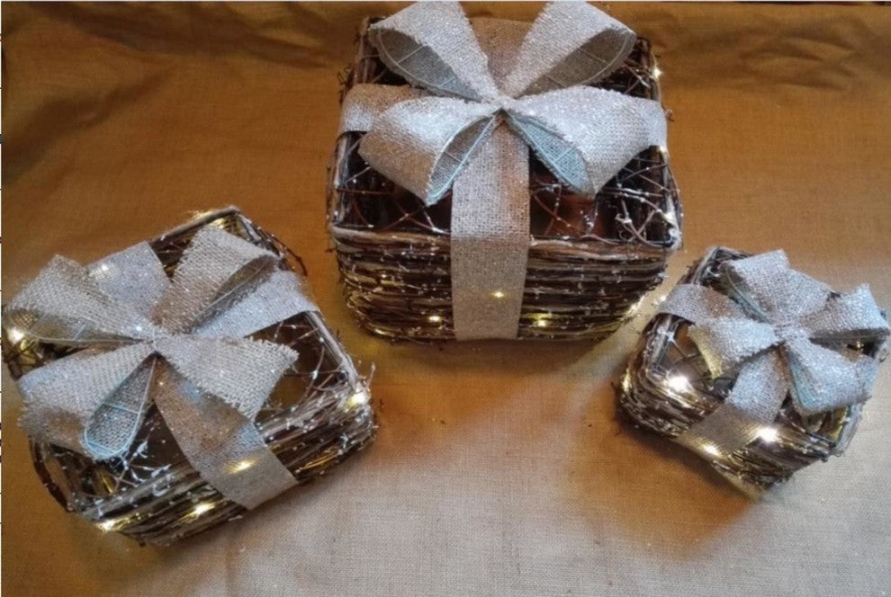 Lighted Rattan Gift Boxes With Bows Christmas Decorations, 3-Piece Set