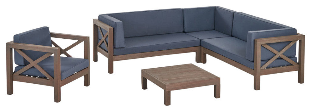 Morgan Outdoor 6 Seater Acacia Wood Sectional Sofa and Club Chair Set, Dark Gray