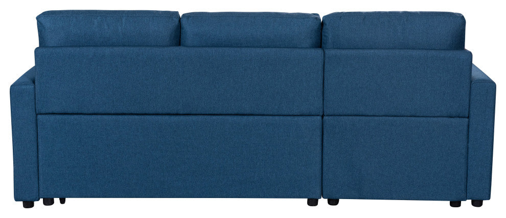 Paisley Linen Reversible Sleeper Sectional Sofa With Storage Chaise, Blue