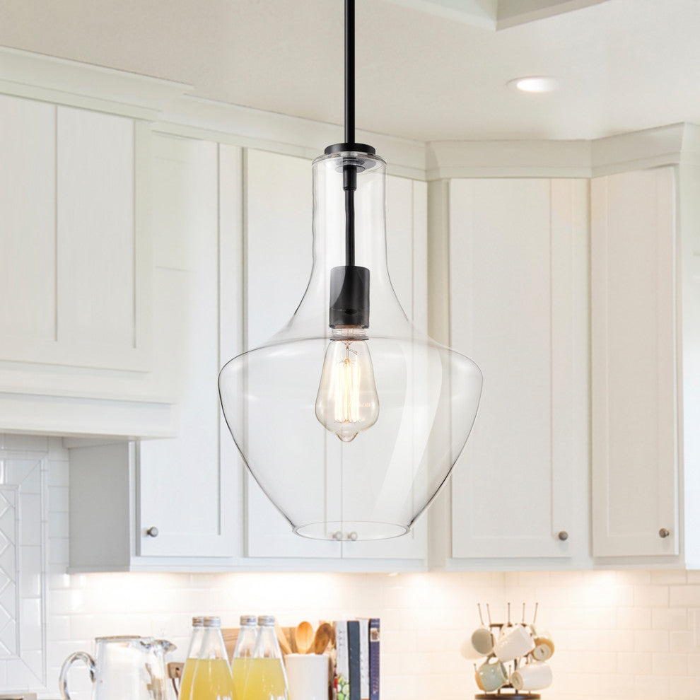 1-Light Farmhouse Matte Black Pendant Light With Clear Glass Shade