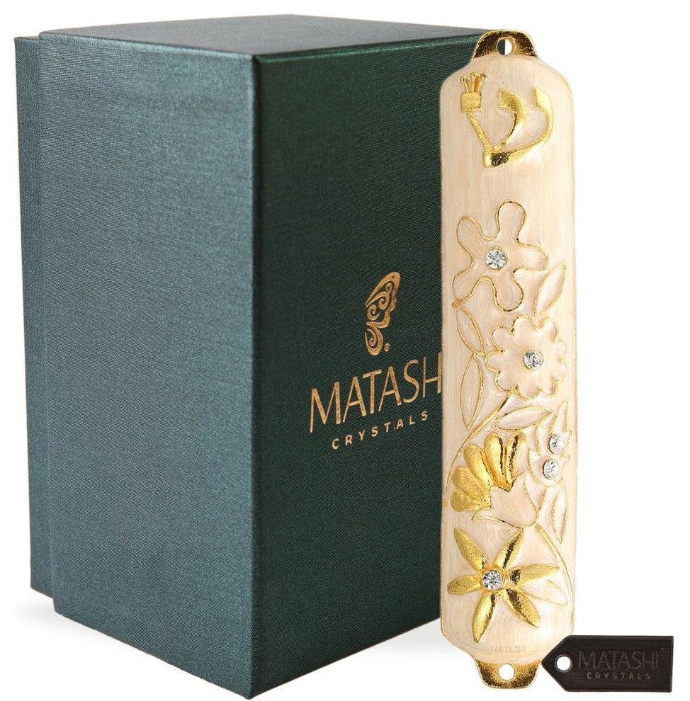 Hand Painted White Enamel Mezuzah Embellished With a Floral Design With Gold Acc