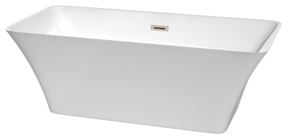 Tiffany 67" Freestanding White Bathtub, Brushed Nickel Drain and Overflow Trim